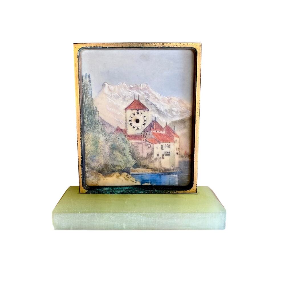 Vintage Swiss Picture/Table marble clock green, 20th century Lake Monastery grn